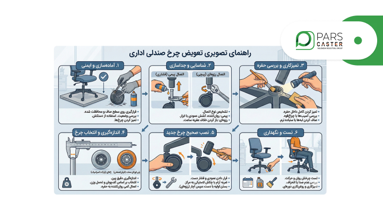 راهنمای تصویری تعویض چرخ صندلی اداری